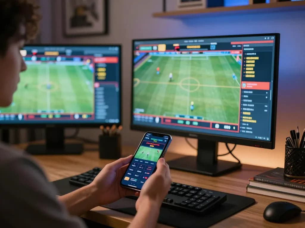 Engaging in sports betting at home, showcasing nhà cái uy tín with multiple screens and mobile app