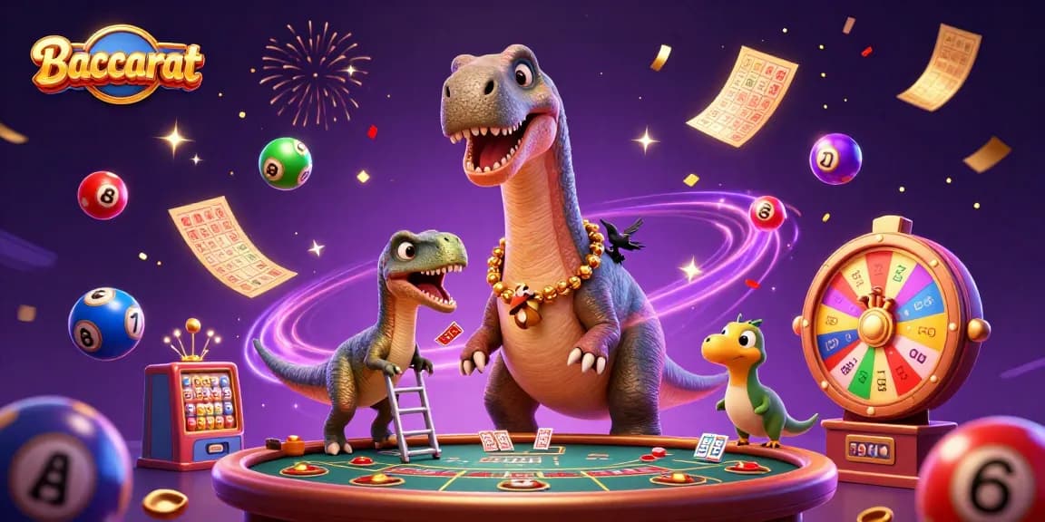 Baccarat scene featuring a giant dinosaur with a raptor dealer, capturing the excitement of online gambling.
