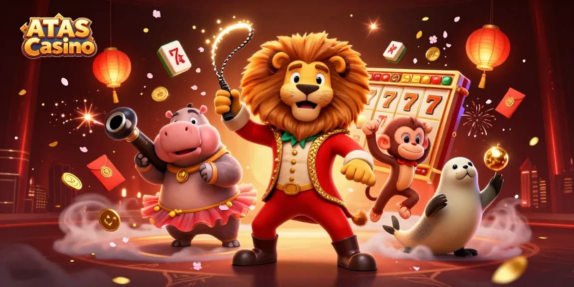 Engage with ATAS Casino featuring vibrant gaming elements and 3D characters in a lively circus theme.