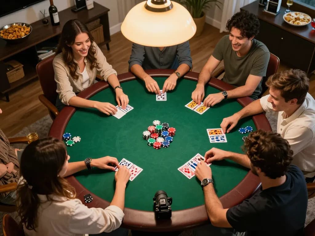 MM88 poker game at home with friends showcasing vibrant chips and cards in a lively atmosphere.