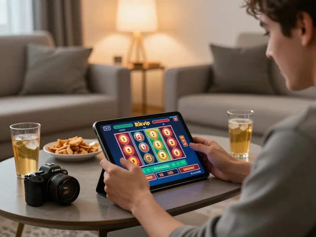 Experience thrilling Rikvip gaming action on a tablet in a cozy living room.
