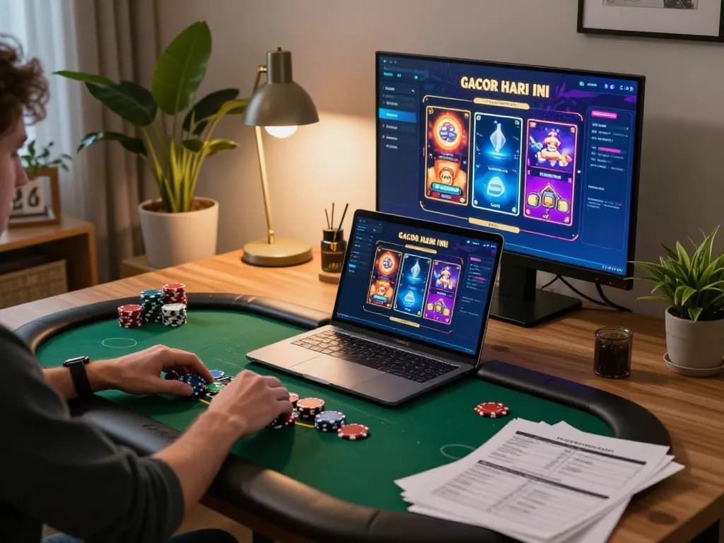 Engaging in slot gacor hari ini on a laptop, showcasing vibrant game interface and strategic notes.