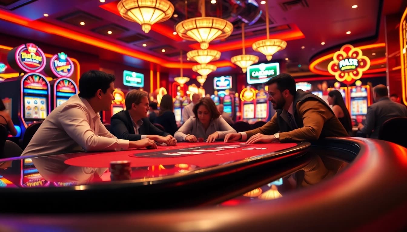 Engaging poker game at AT99 casino with vibrant atmosphere and enthusiastic players.