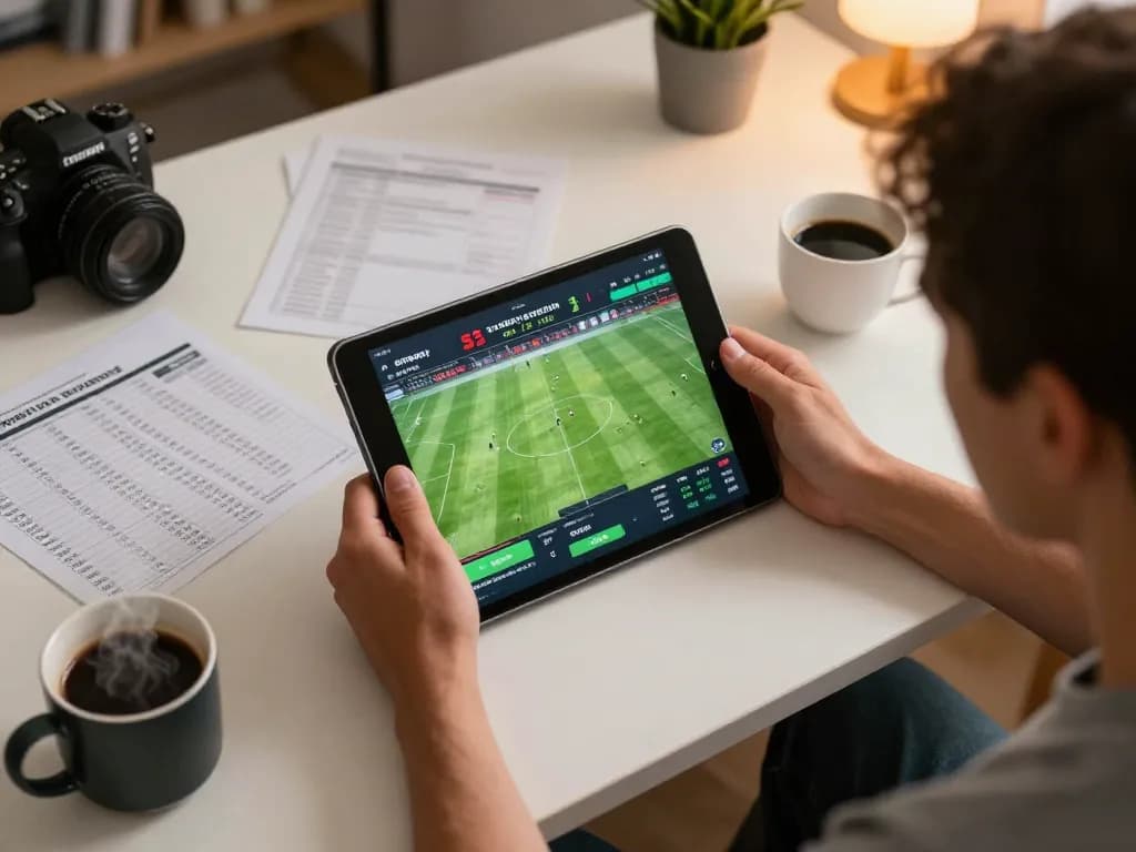 Cách đọc kèo bóng đá chuẩn while placing sports bets on a tablet in a cozy home office.