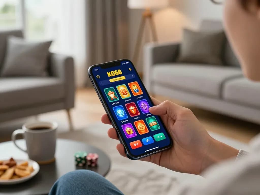 Player engaging with KO66 casino app on smartphone in a modern home setting