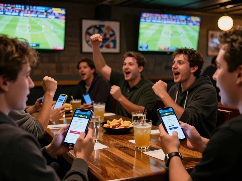 SboBet88 login interface displayed on smartphone during live sports betting at a lively bar.