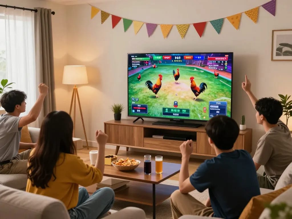 Xem đá gà trực tiếp HD trong một phòng khách sôi động, bạn bè cổ vũ cho những trận đấu yêu thích của họ.