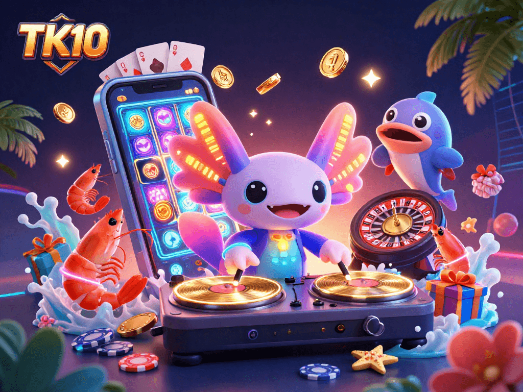 Engage with TK10's vibrant gaming scene featuring a neon axolotl DJ and lively underwater elements.
