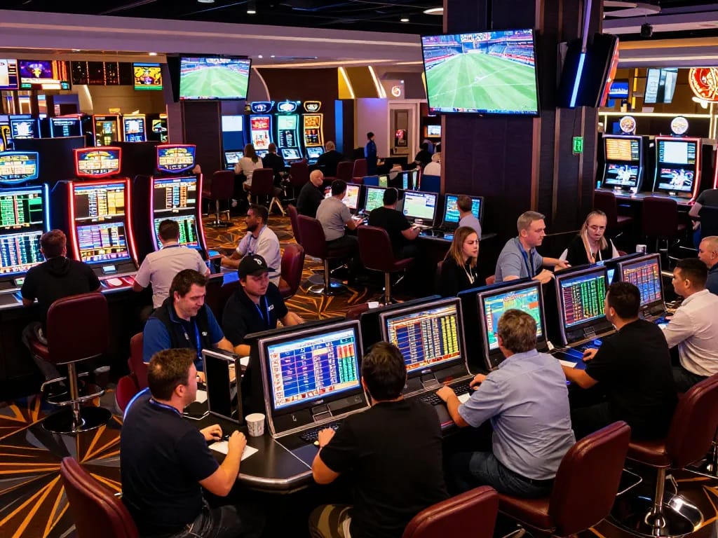 Excited bettors engaging in mix parlay sports betting at a vibrant casino.