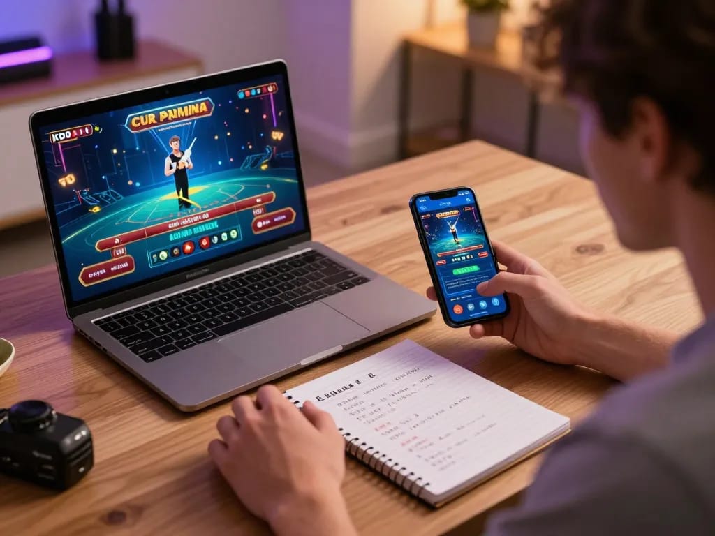 KDTOTO player engaging in online casino gameplay with strategic notes.