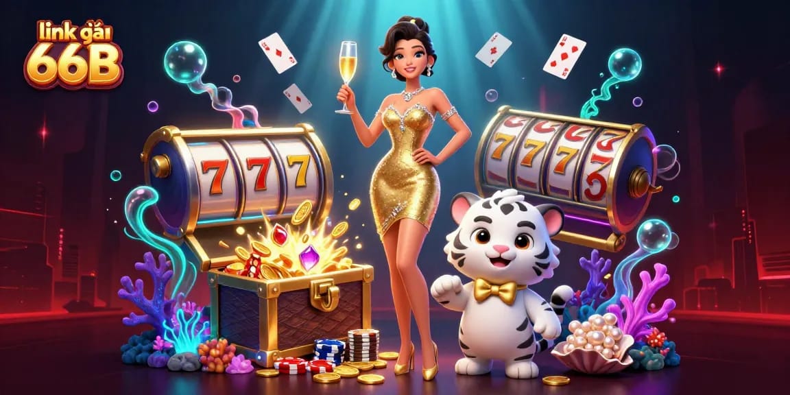 Engage with link vào 66B by exploring a vibrant 3D casino scene with a glamorous character and lucky elements.
