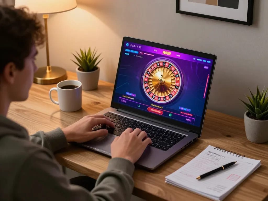 Engaging in RR88 online casino gaming at home, showcasing vibrant roulette gameplay