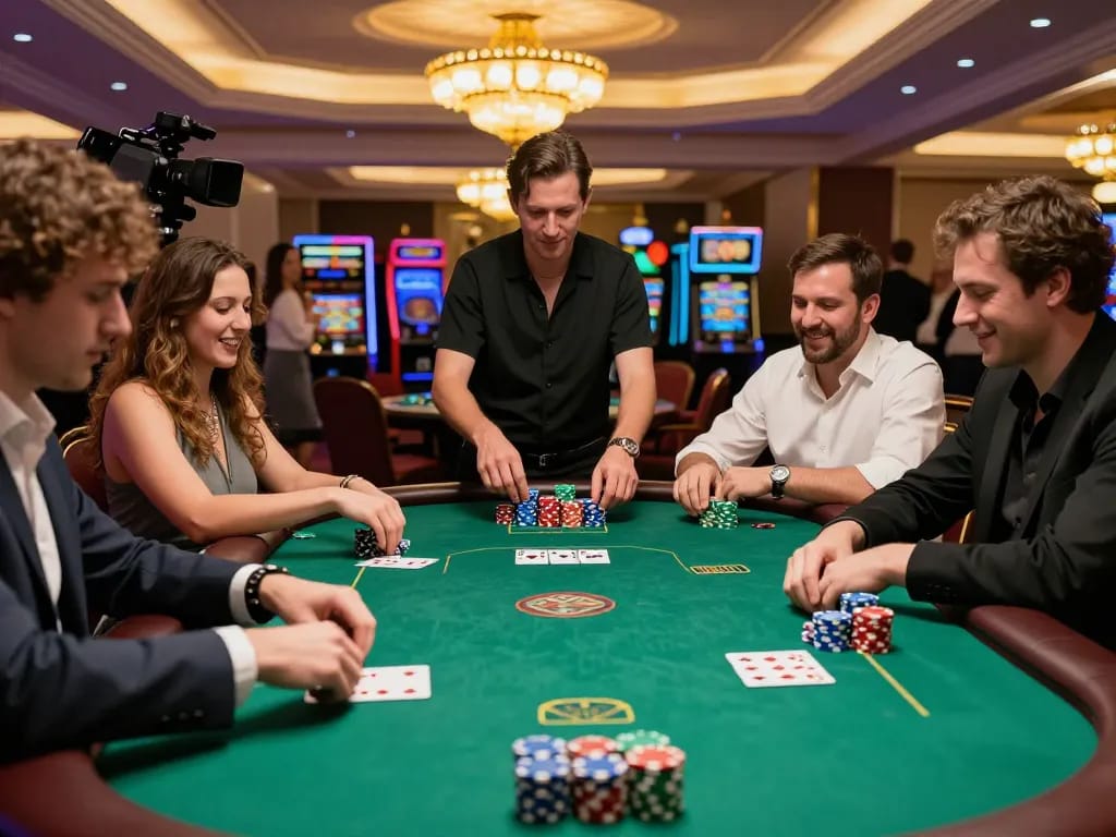 Players calculating odds at a vibrant situs slot poker table in an upscale casino atmosphere