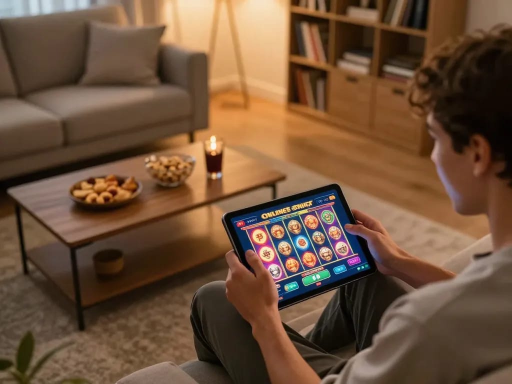 Engaging in online gaming with 789bet in a cozy home setting, showcasing tablet displaying casino slots.