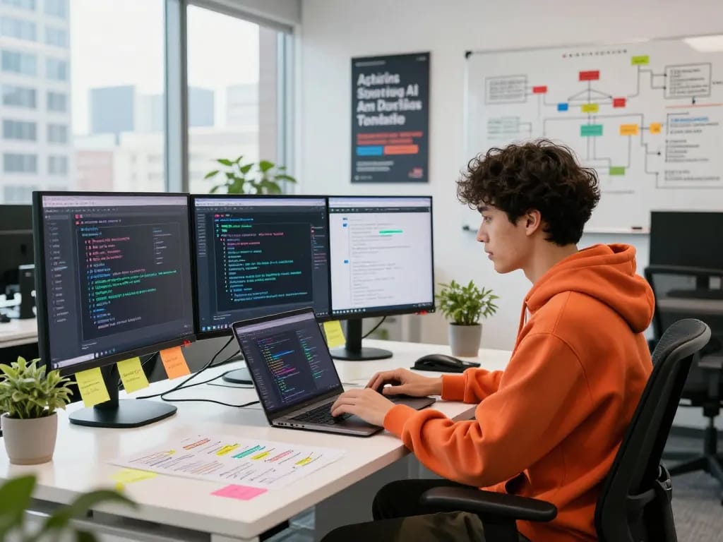 Innovative tech workspace showcasing juicy ai development with dual monitors and a creative coder in action.