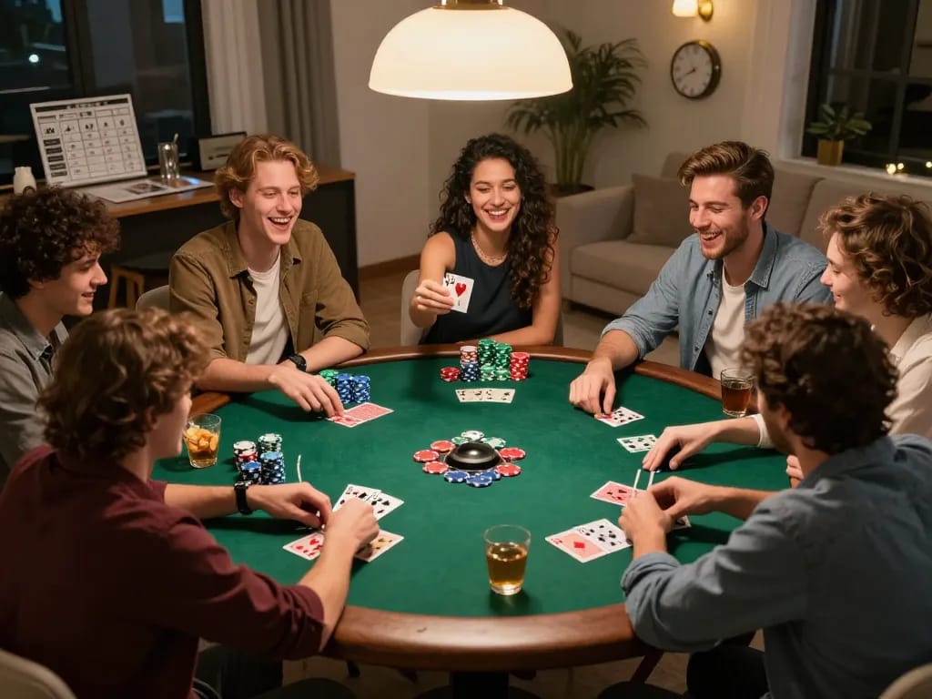 Friends playing poker at home, enjoying a lively game night with dinamit4d strategies and colorful chips.