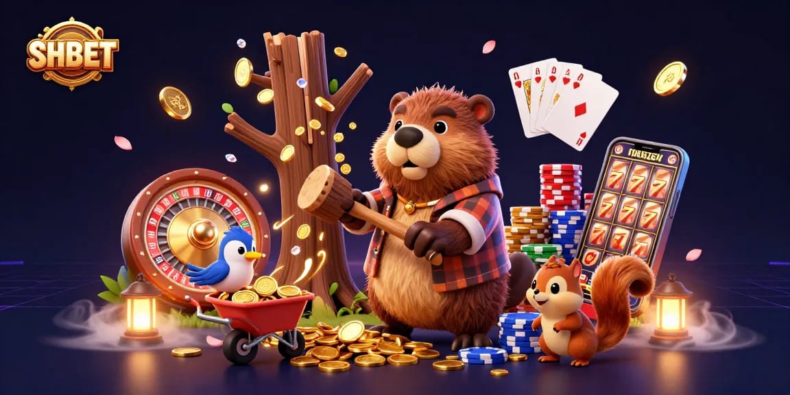 Experience excitement at SHBET with a cartoon beaver and friends celebrating wins in a dynamic casino setting.