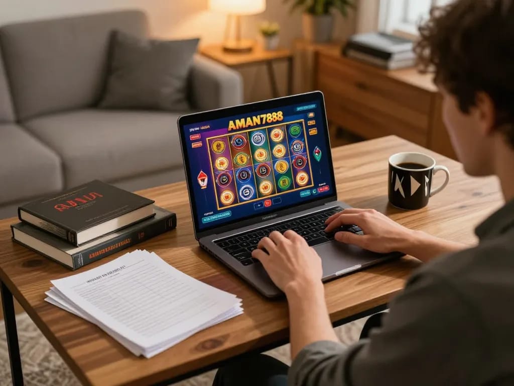 Pemain terlibat di rumah menikmati slot AMAN788 di laptop dengan catatan strategi di dekatnya