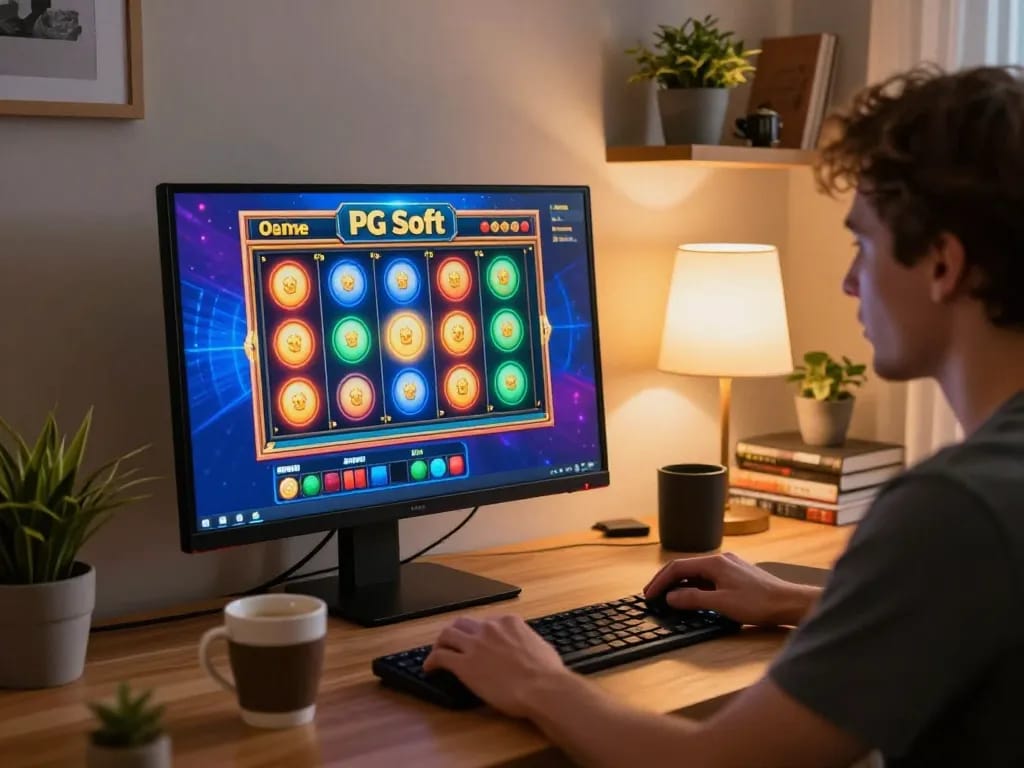 Pemain berinteraksi dengan permainan slot PG Soft di desktop, menunjukkan kegembiraan dan strategi.