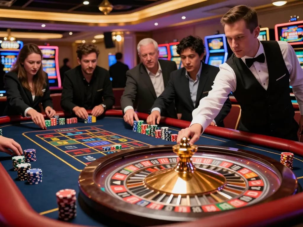 Experience the thrill of gameplay at megaplus88 with players focused on a roulette table.