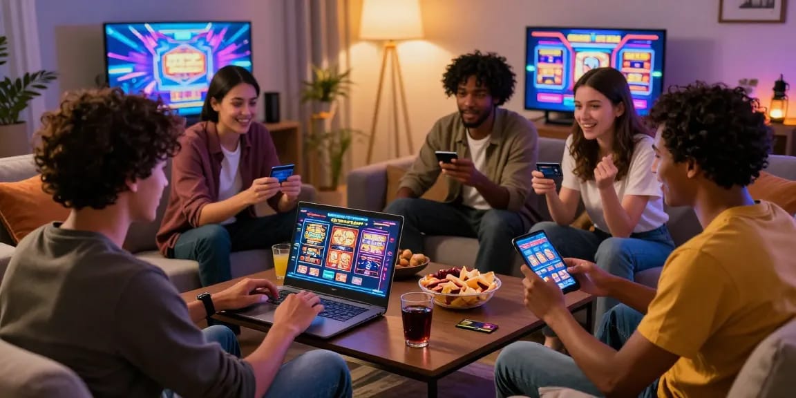 Friends enjoying slots that accept credit cards in a cozy gaming setting, filled with excitement and snacks.