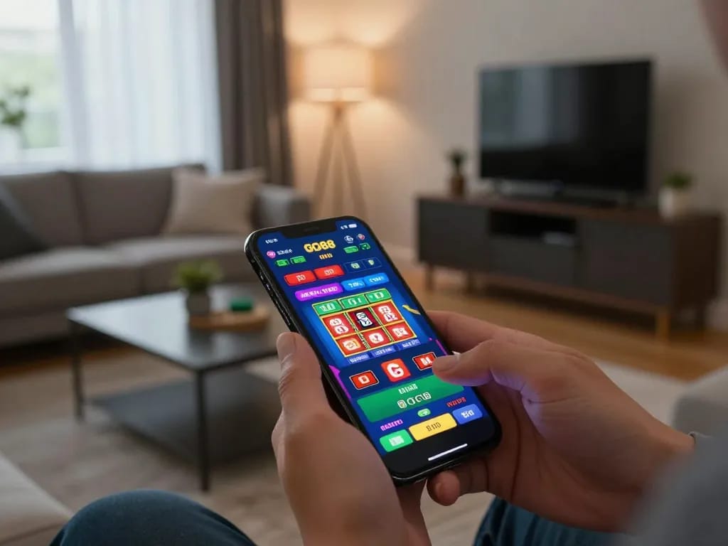Engaging with the GO88 app on a smartphone, showcasing vibrant live dealer games and slots