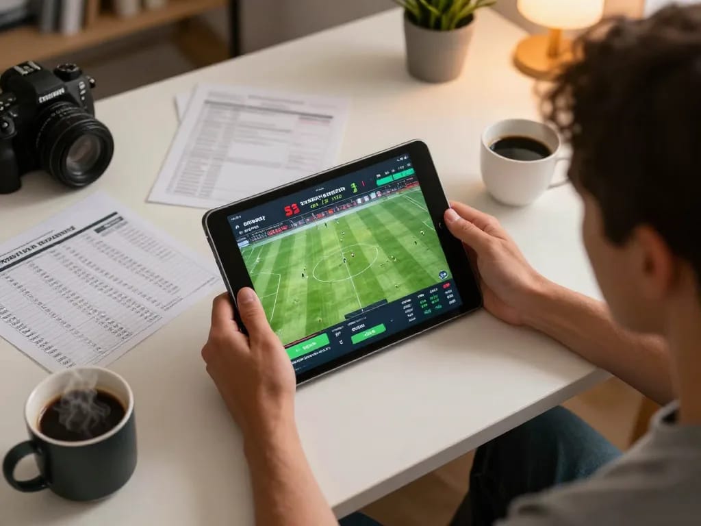 Cách đọc kèo bóng đá chuẩn while placing sports bets on a tablet in a cozy home office.