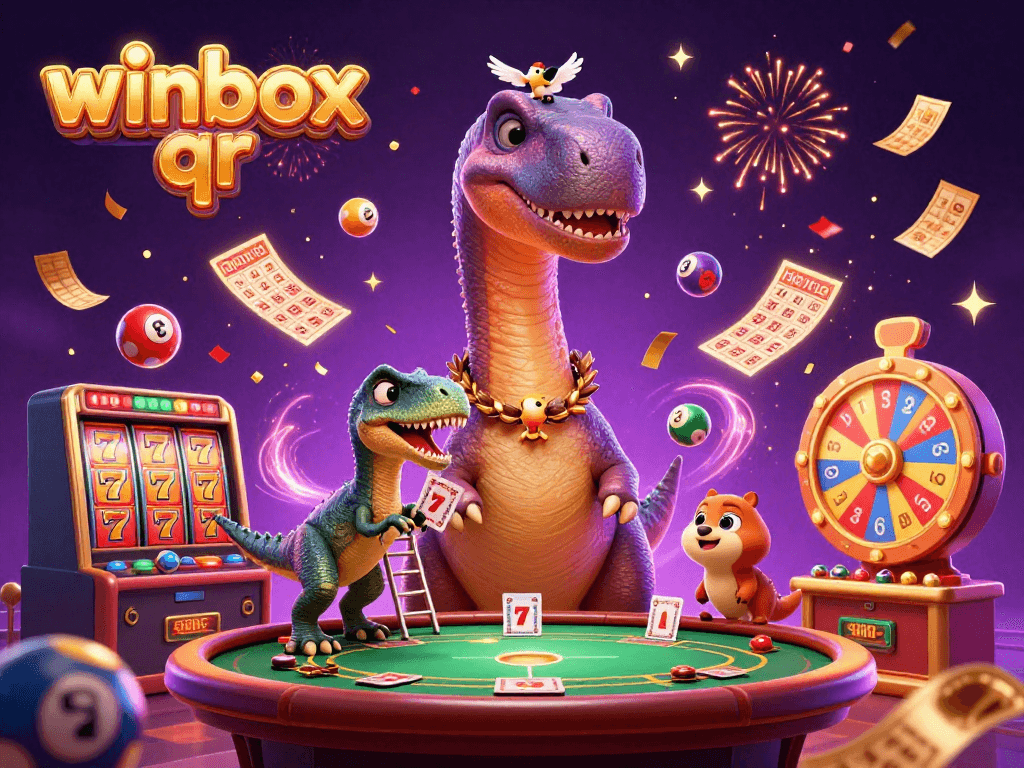 Engage with the winbox qr scene featuring a giant brontosaurus and colorful casino elements.