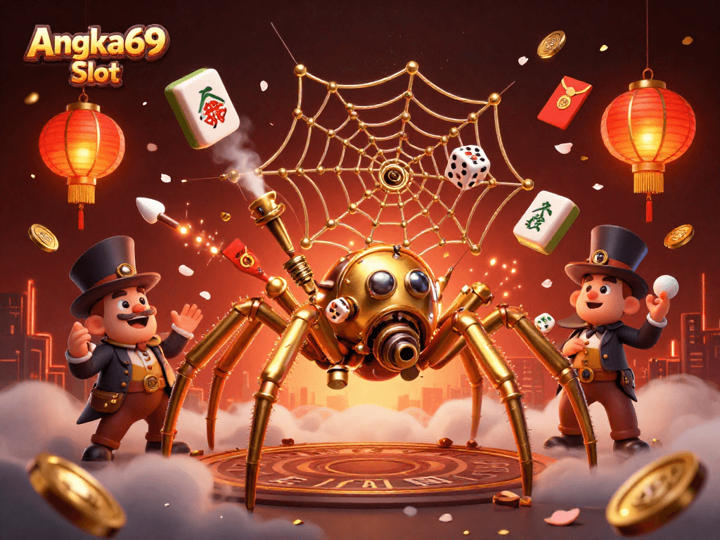 Play and win big at Angka69 Slot with a vibrant 3D casino-themed digital art illustration.