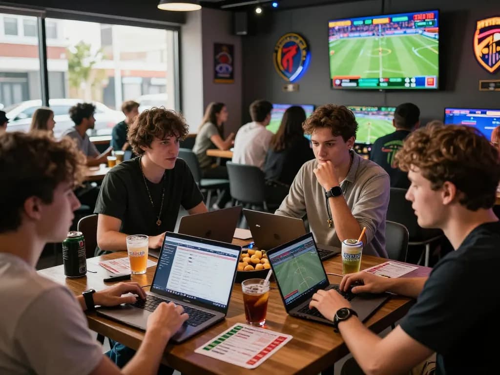 SBOBET sports betting lounge with friends discussing bets and watching live events.