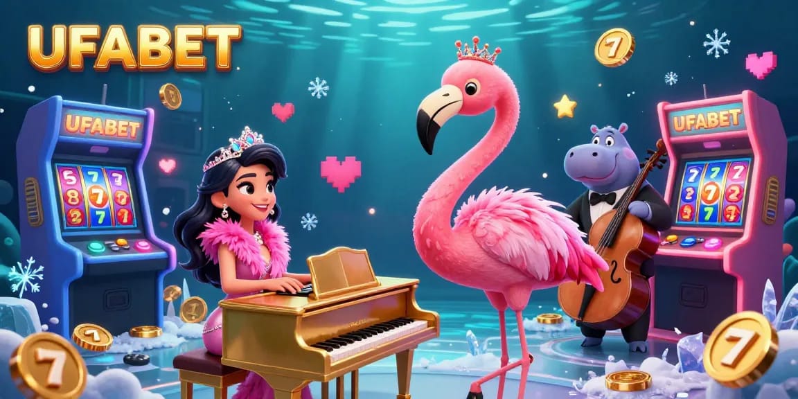 Experience thrilling games at UFABET with vibrant slot reels and exciting characters in a lively casino scene.