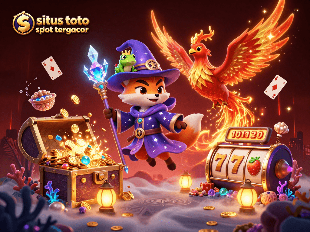 Experience vivid winnings at situs toto slot tergacor with a fantastical illustration of a wizard fox and phoenix among gems and spinning slots.