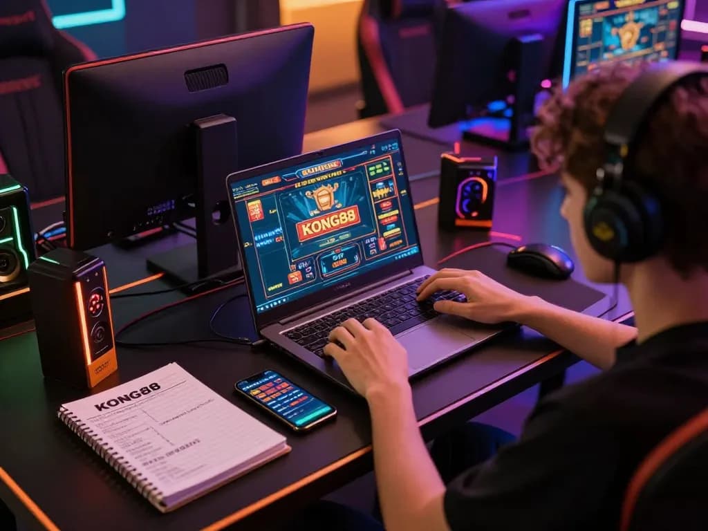 KONG88 player engaged in online casino gaming with laptop and strategy notes.