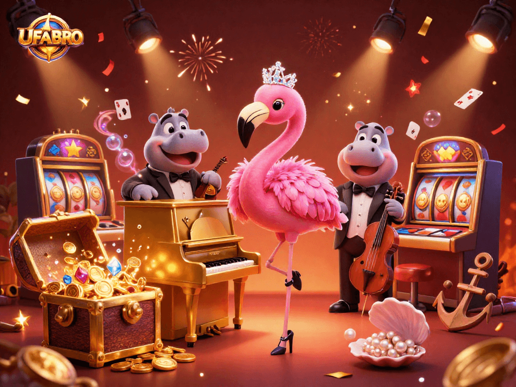 Experience UFABRO's vibrant casino scene with engaging characters and thrilling slot game elements.