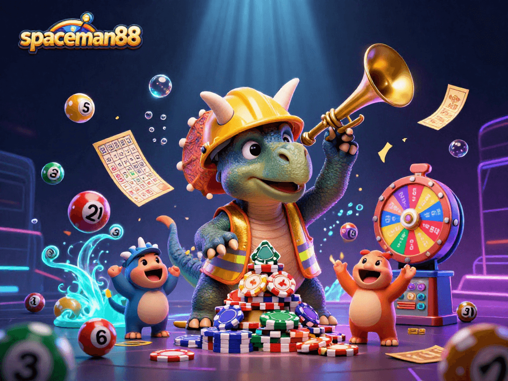 Players enjoy big wins with Spaceman88 during a vibrant casino celebration, featuring exciting gaming elements.