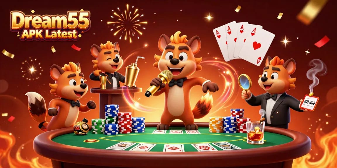 Engaging illustration of Dream55 APK Latest featuring hyena comedic casino scene with vibrant gambling elements.