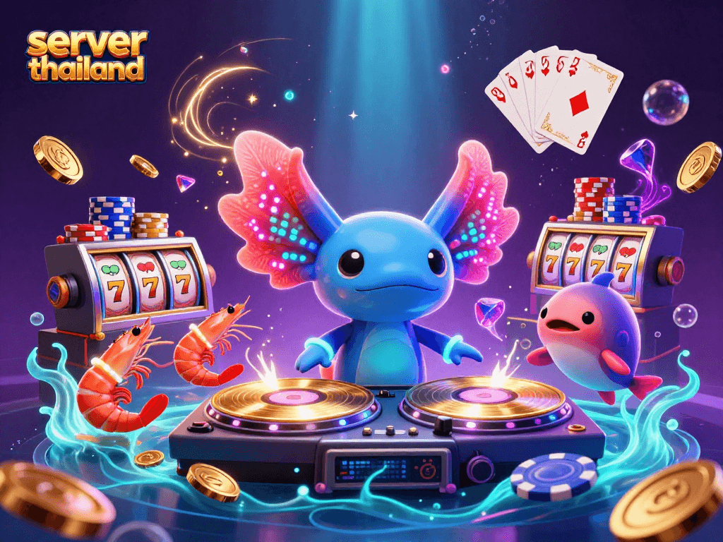 Experience the vibrant casino world with the server thailand neon axolotl DJ scene filled with gold coins and slot reels.