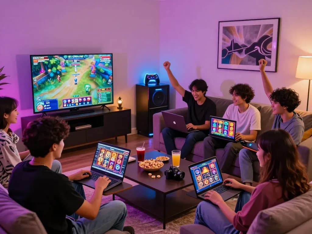 Sahabat menikmati permainan situs gacor bersama di suasana rumah yang ramai.