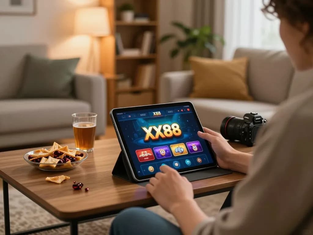 Player engaging with the XX88 app on a tablet in a cozy home setting, enjoying strategic online gambling