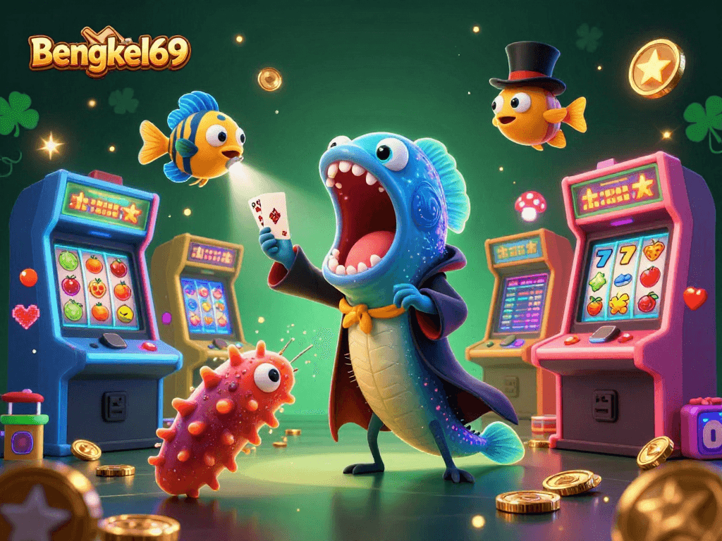 Bengkel69 game scene showcases a bioluminescent eel magician, anglerfish, and sea cucumber in a vibrant casino atmosphere.