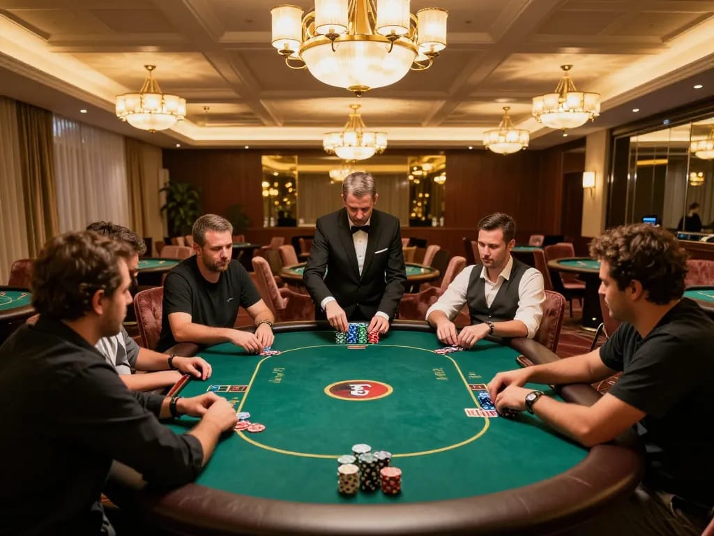Players enjoying high-stakes poker game at B52club's upscale casino atmosphere, with vibrant betting action and elegant decor.