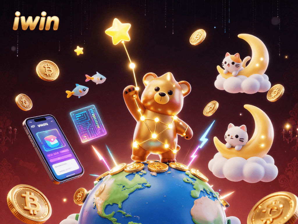 Win big with iwin in this 3D casino-themed illustration featuring vibrant elements.