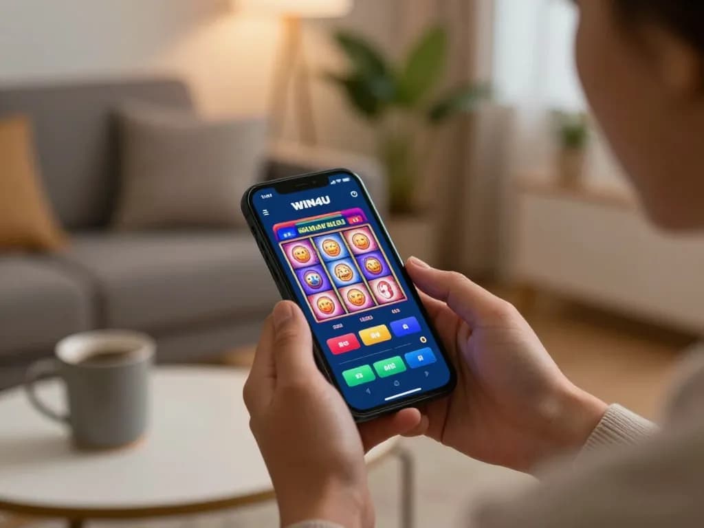 Engaged player using the WIN4U app to enjoy mobile slot games in a cozy home setting