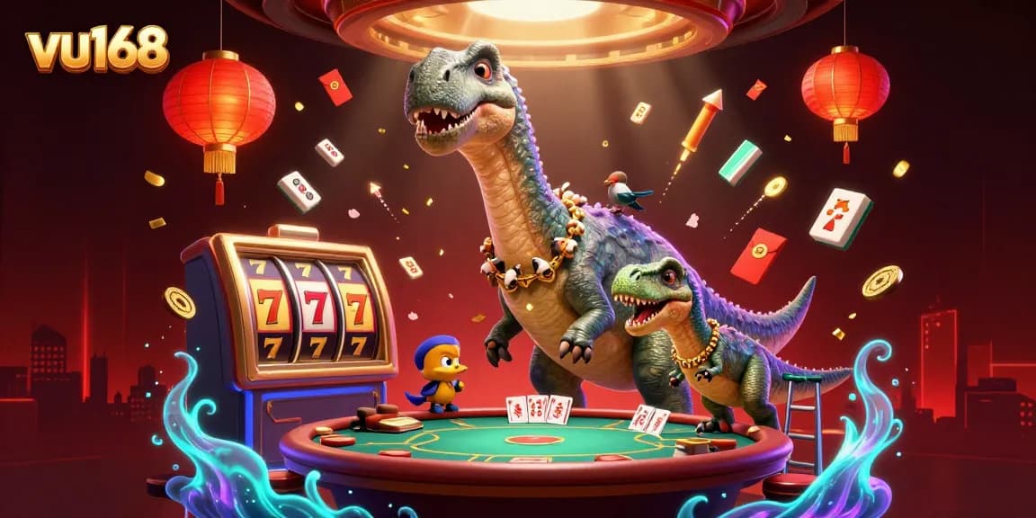 Experience exciting casino action with the whimsical vu168 illustration showcasing a towering brontosaurus and clever raptor in lively play.