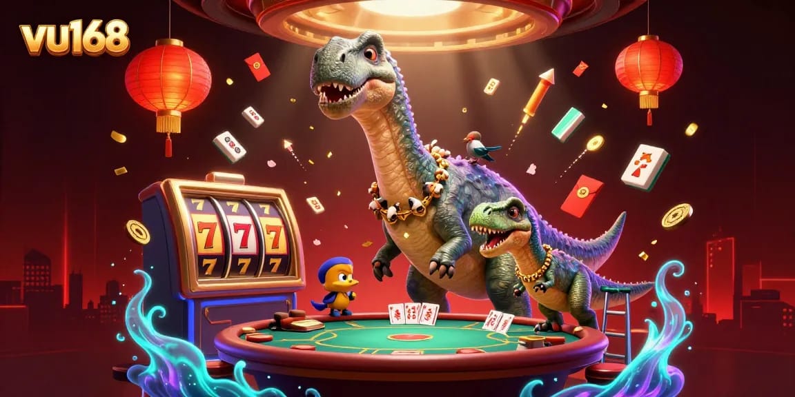 Experience exciting casino action with the whimsical vu168 illustration showcasing a towering brontosaurus and clever raptor in lively play.