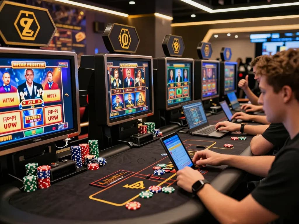Engaged players on mobile devices enjoying games on https://god55.agency/ in a vibrant casino atmosphere.