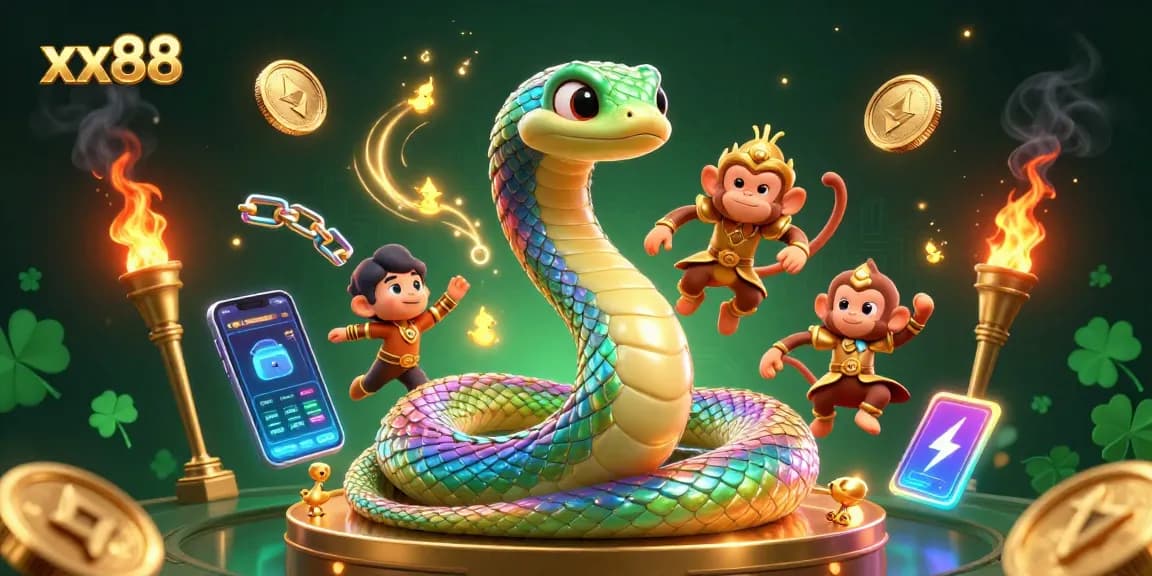 Engage in thrilling crypto gaming with xx88, showcasing vibrant 3D characters and elements.