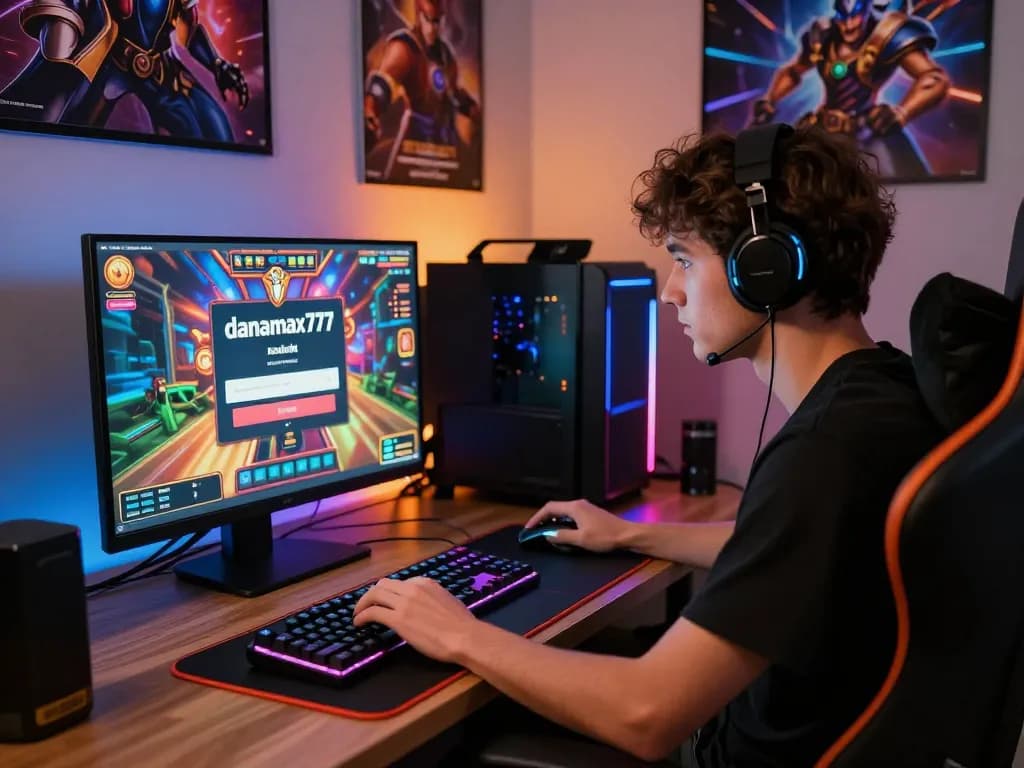 Pemain berinteraksi dengan login danamax777 di laptop gaming ramping, dikelilingi oleh pengaturan gaming yang berwarna-warni.