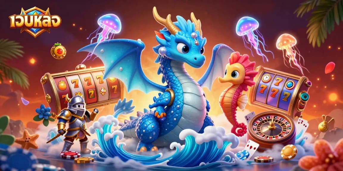 Engage with เว็บตรง online gaming excitement as a dragon, seahorse knight, and jellyfish illustrate a casino adventure.