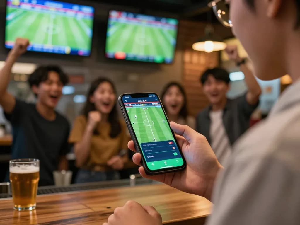 Kèo thẻ phạt LUCK8 betting on a smartphone in a lively sports bar.
